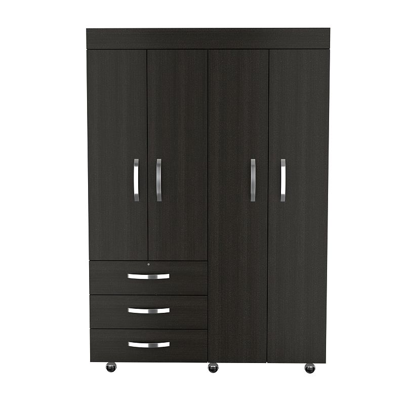 DEPOT E-SHOP Hamilton Mobile Armoire， Double Door Cabinet， Three Drawers， Rods， Two Shelves， Black