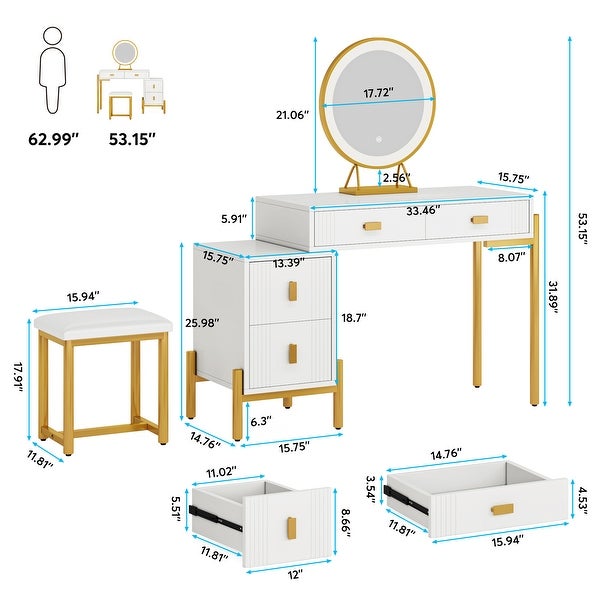 White Gold Vanity Desk with Lights and Mirror， Makup Vanity with Chair and Storage Cabinet - - 37839004