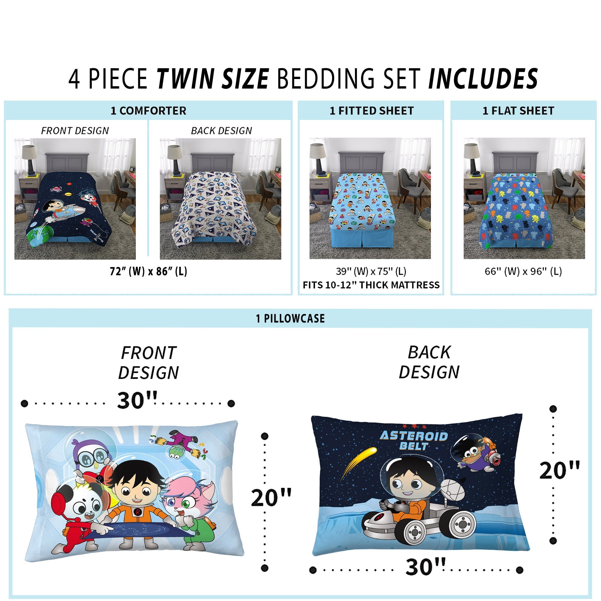 Ryan's World Kids Red Titan Twin Bed in a Bag, Comforter and Sheets, Blue, Pocketwatch