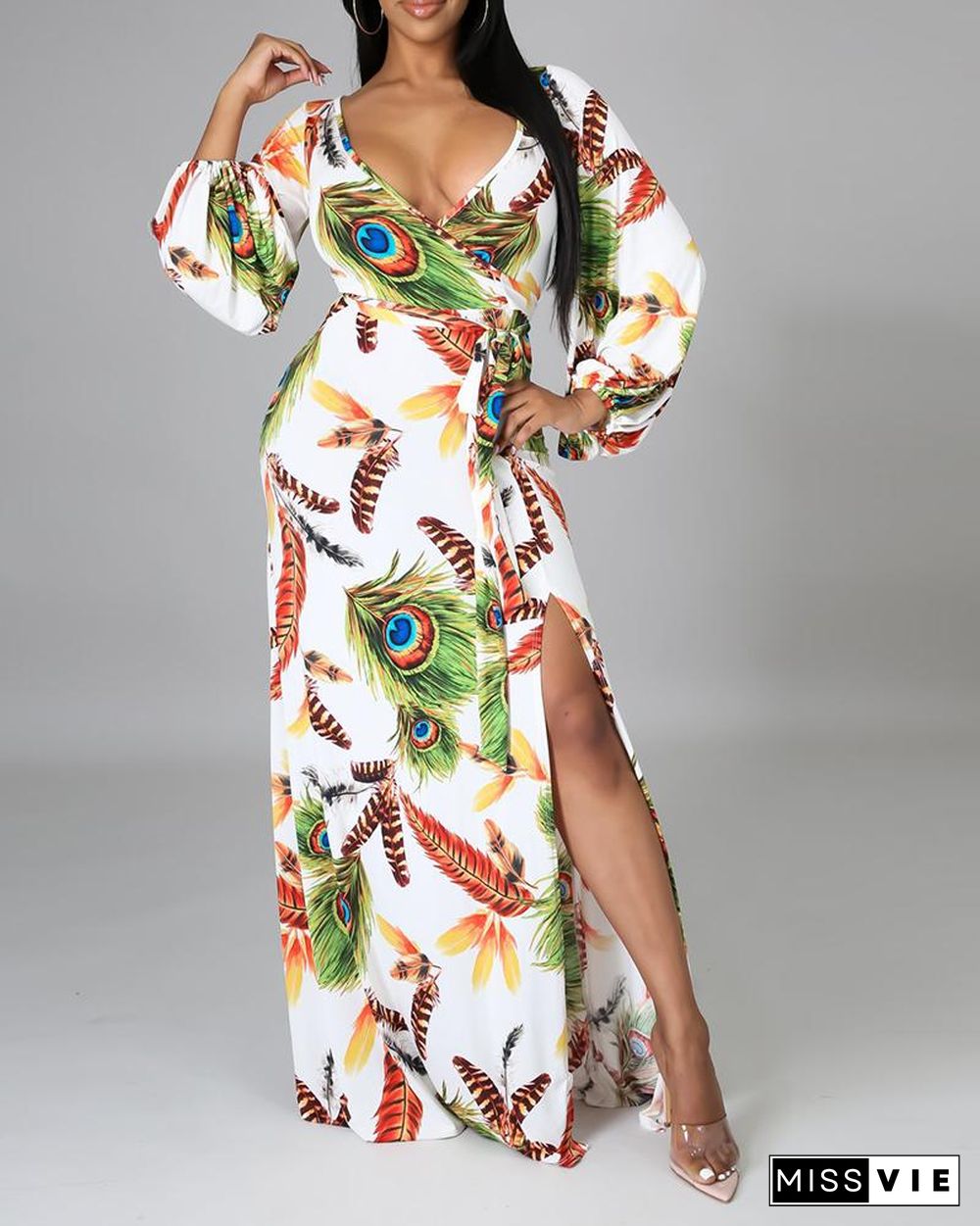 Tropical Print Long Sleeve High Slit Maxi Dress