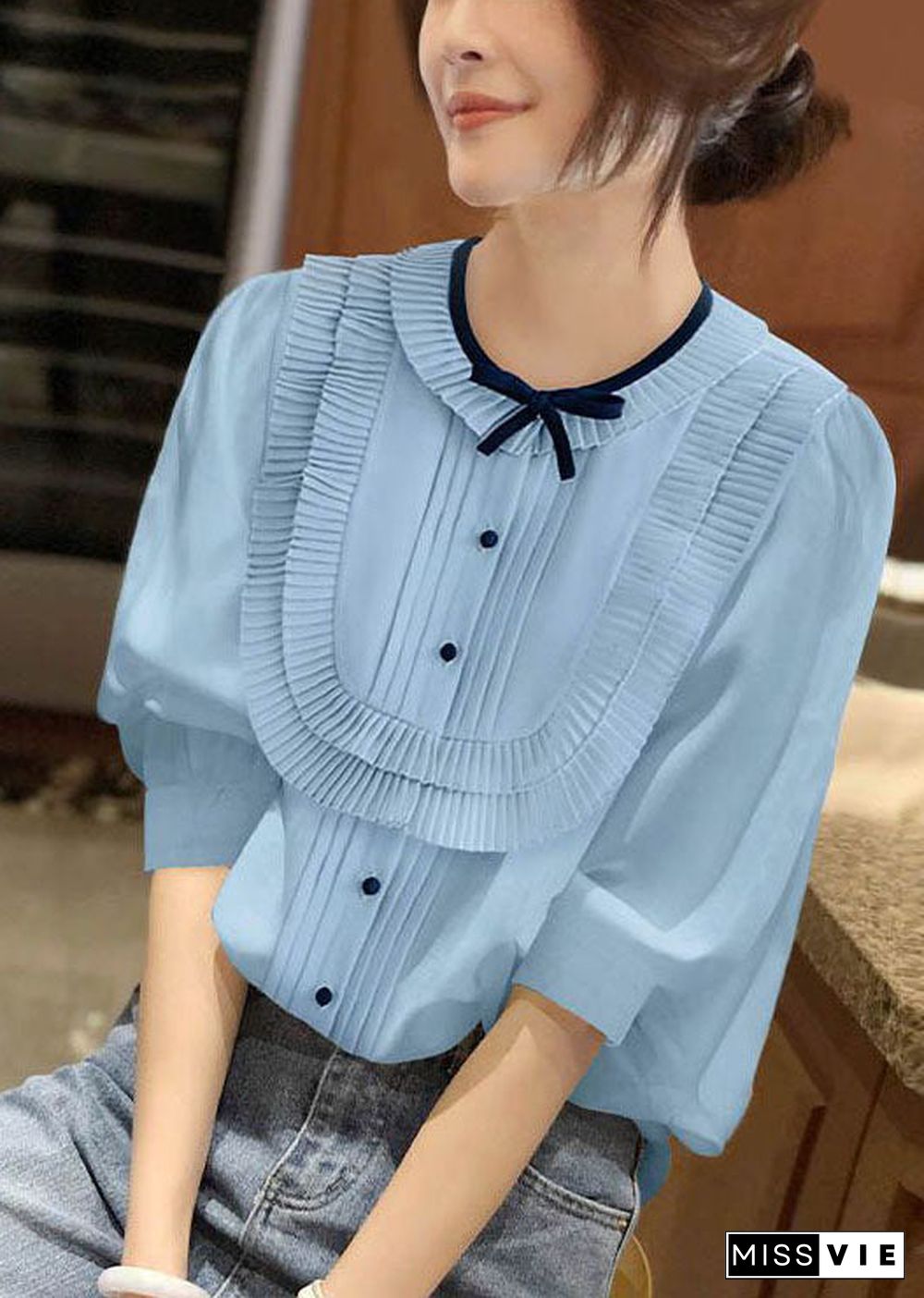 Plus Size Blue O-Neck Patchwork Bow Wrinkled Chiffon Shirt Bracelet Sleeve