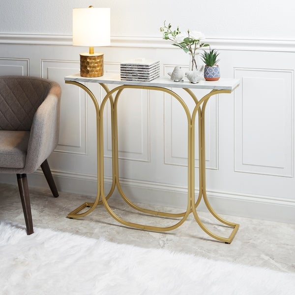 Suzanne Slim Metal Console Table with Faux Marble Top， Gold Finish