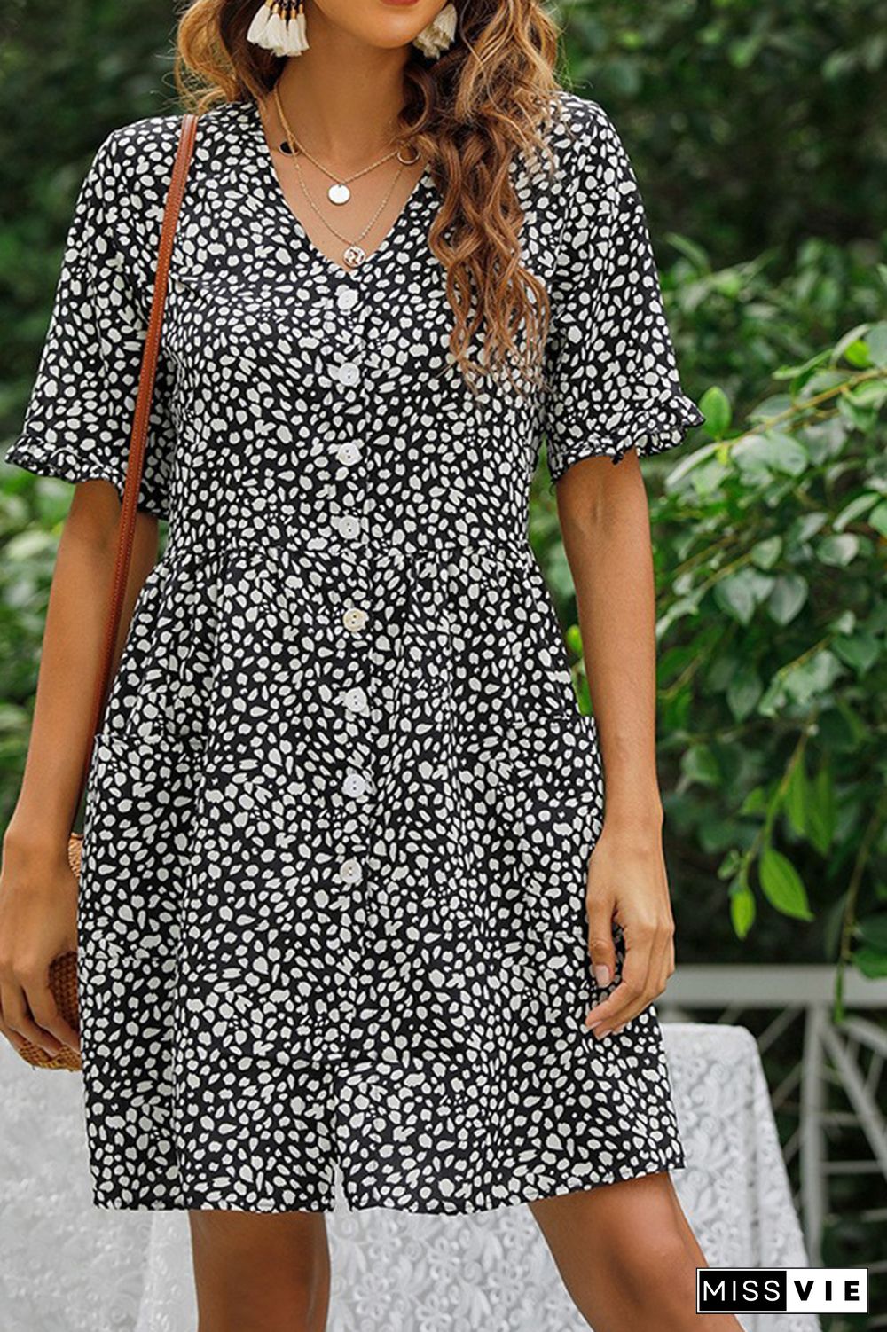 Printing V Neck Button Pocket Dress Wholesale