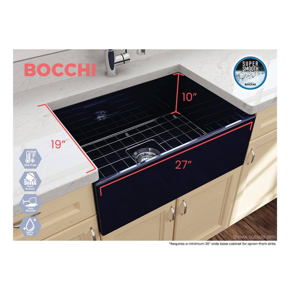 BOCCHI Contempo FarmhouseApron-Front Fireclay 27 in. Single Bowl Kitchen Sink with Bottom Grid and Strainer in Sapphire Blue 1356-010-0120