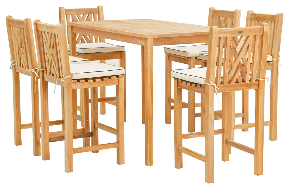 7 Piece Teak Wood Chippendale 55 quotRectangular Bistro Bar Set  6 Bar Chairs   Transitional   Outdoor Pub And Bistro Sets   by Chic Teak  Houzz