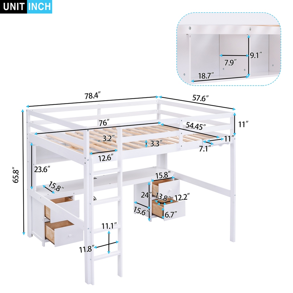 Full Size Loft Bed with Desk  Storage Cabinets  Drawers   Bedside Tray  Versatile Wood Bedframe with Plug Outlets   2 USB Port