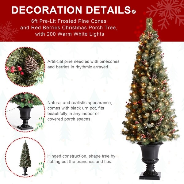 Glitzhome 4ft/5ft/6ft Flocked Pine Christmas Potted Porch Tree With Warm White Lights