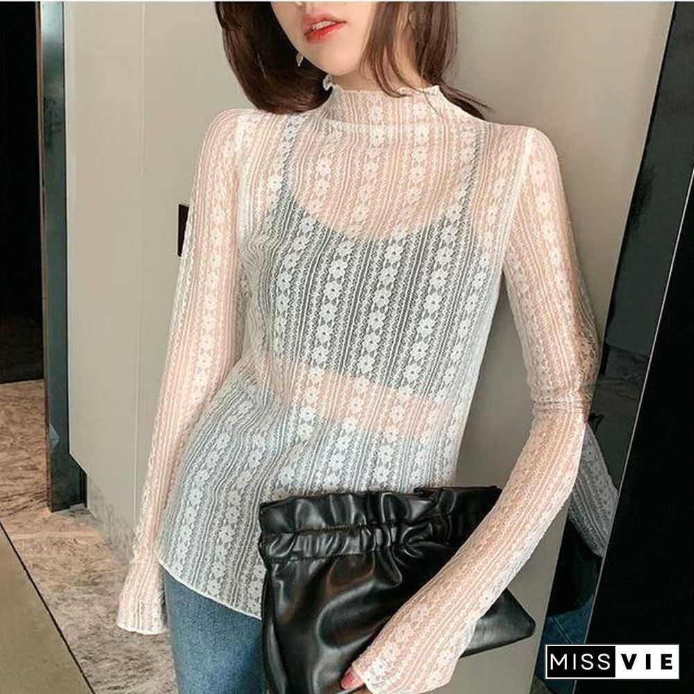 New Transparent Korean Loose Women Lace Blouse 3 Colors Female Bottoming Blouses Plus Size Cheaper Tops