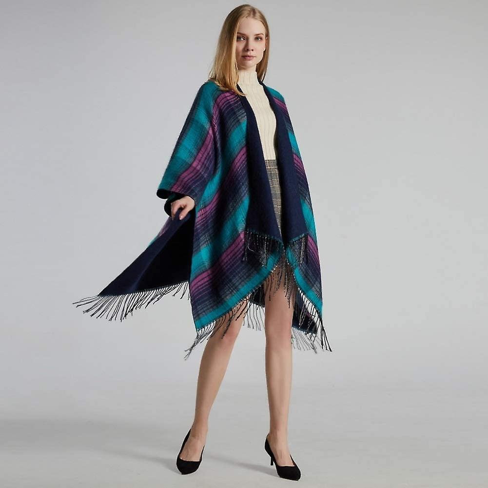 Women's Tassel Plaid Poncho Pashmina Shawl Wrap Cape Sweater Purple -