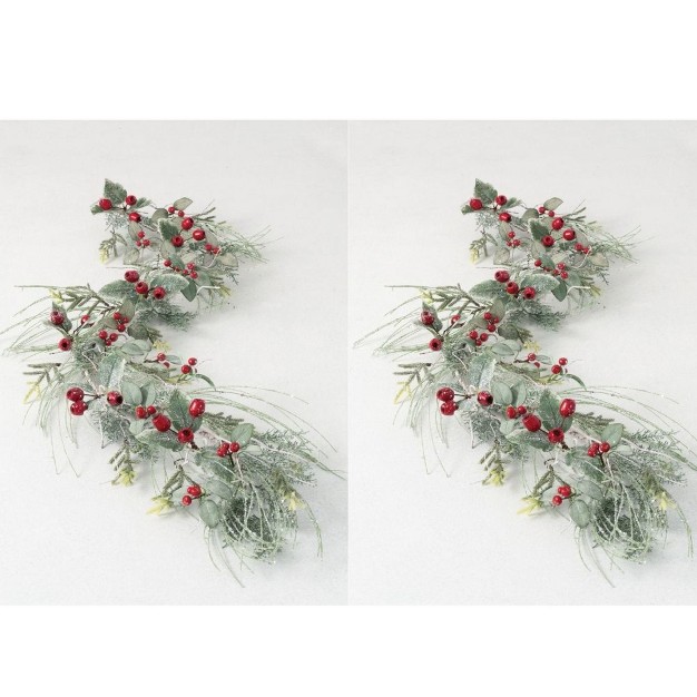 Artificial Iced Pine And Berry Garland Set Of 2 Green