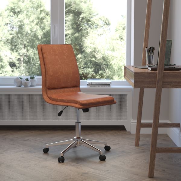 Madigan Mid-Back Armless Swivel Task Office Chair with LeatherSoft and Adjustable Chrome Base， Cognac