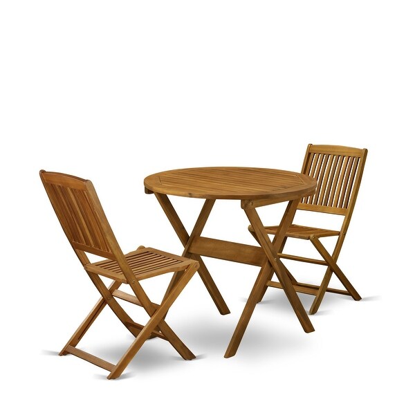 East West Furniture Folding Table Set Contains a Round Outdoor Wood Coffee Table and 2 Folding Side Chairs，Natural Oil