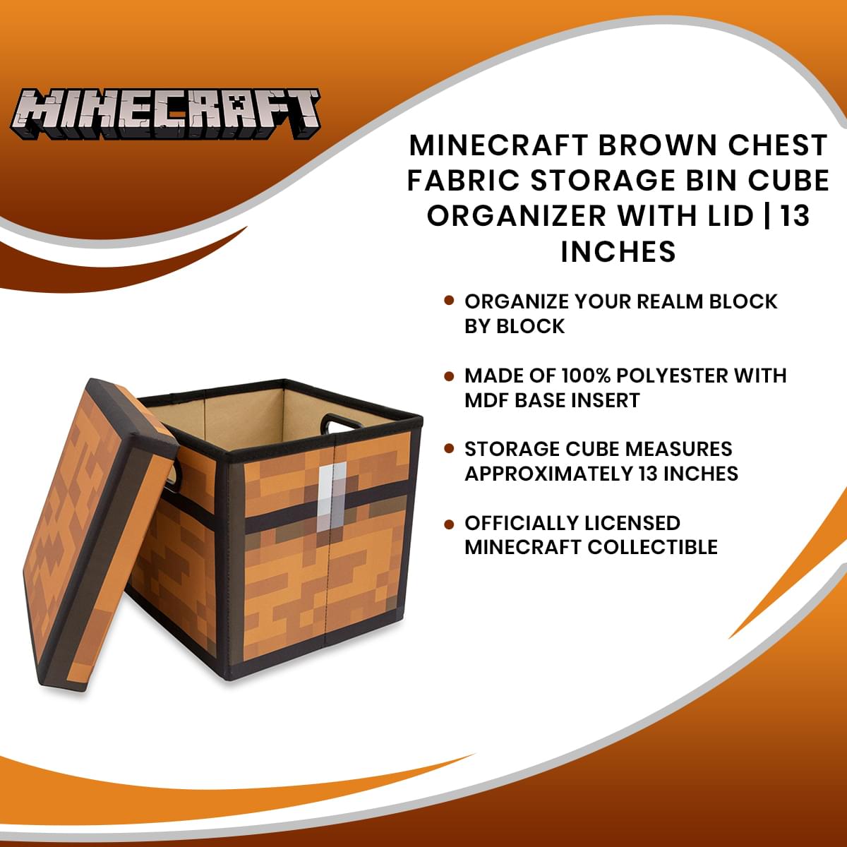 Minecraft Brown Chest Fabric Storage Bin Cube Organizer with Lid | 13 Inches