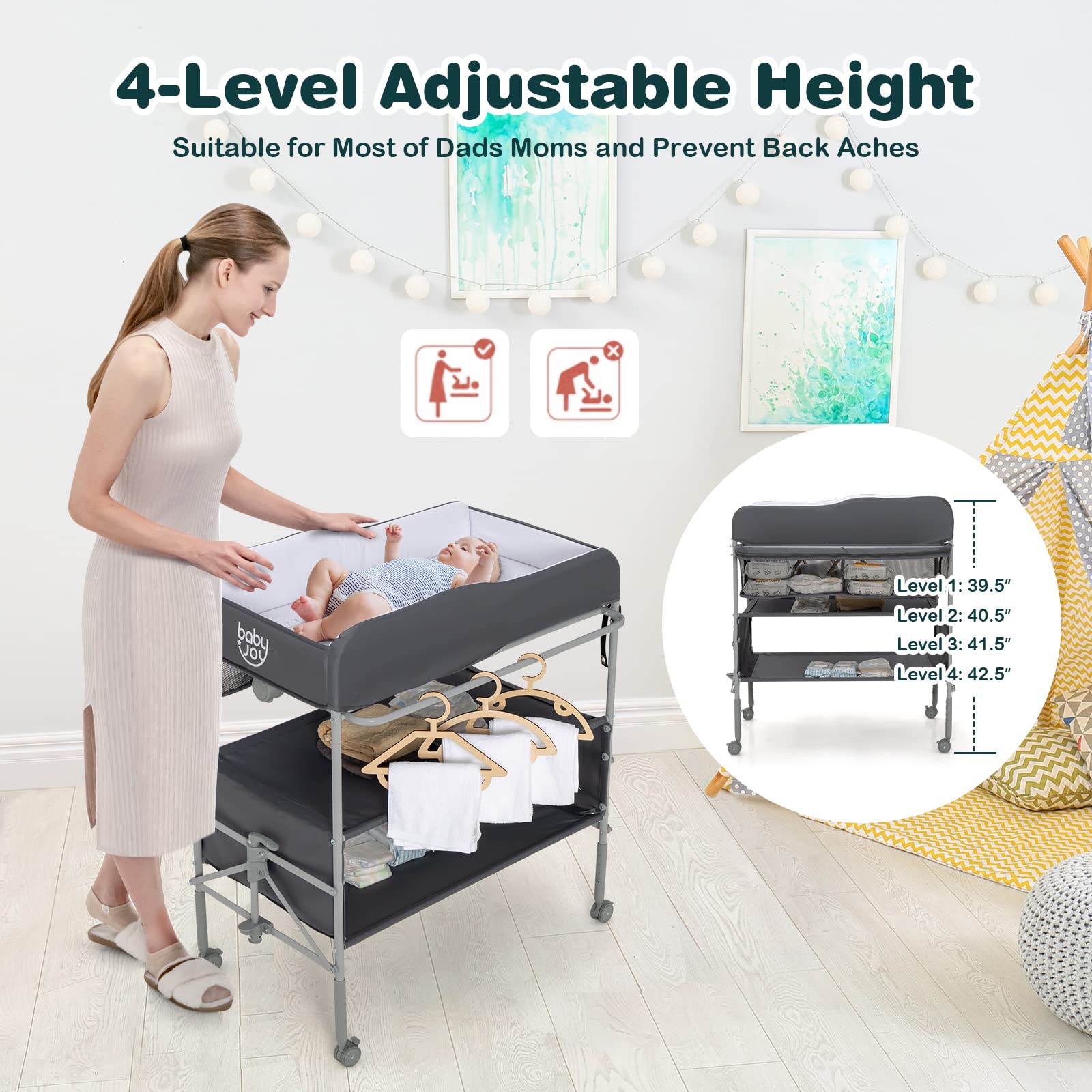 Costzon Portable Baby Changing Table, Foldable Infant Diaper Changing Station, Newborn Nursery Organizer w/ 4 Lockable Wheels