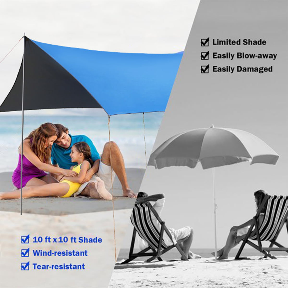 SUGIFT Family Portable Sun Shelter Beach Tent Canopy 10' x 10' UPF50+ Blue