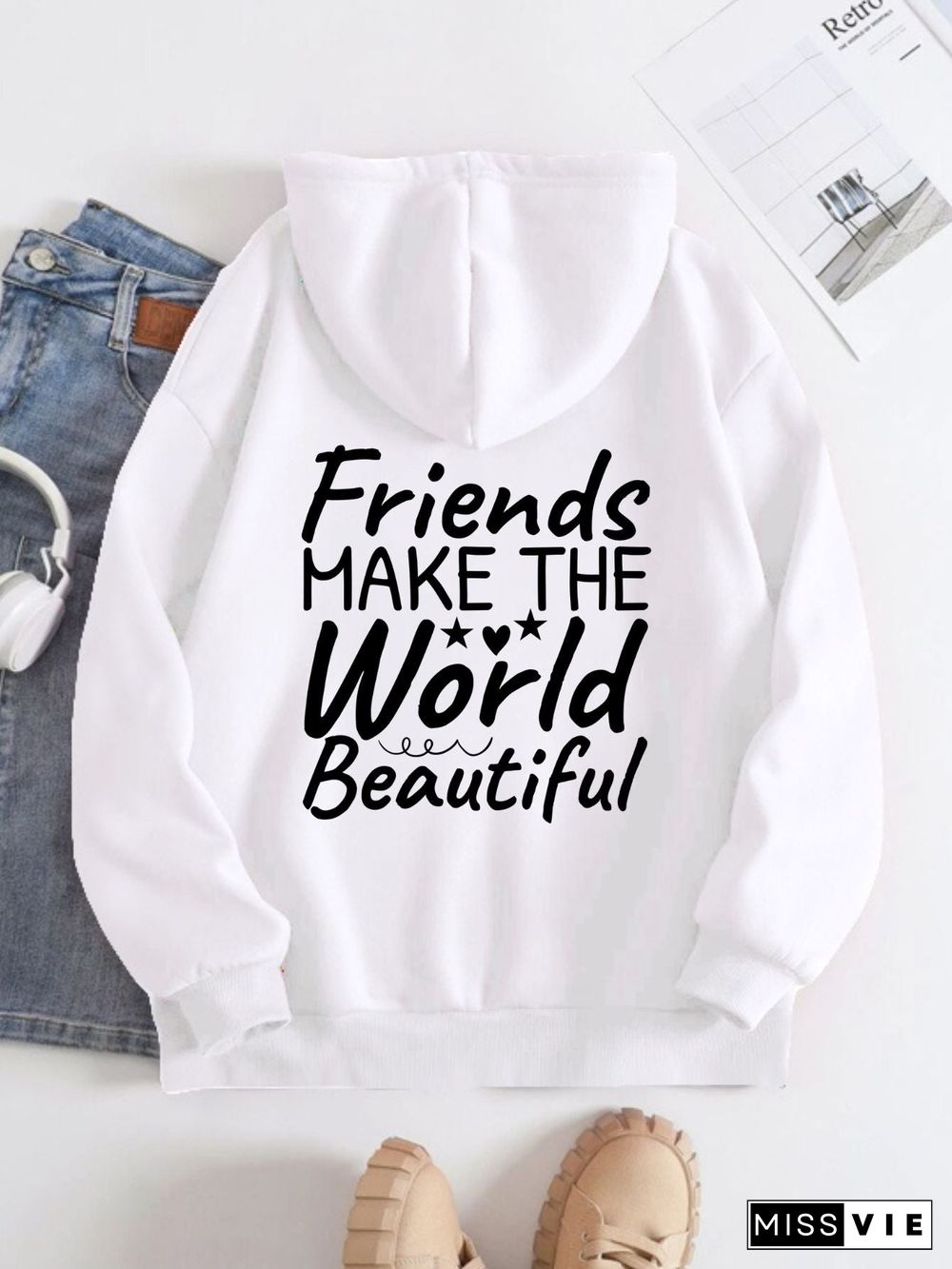 Printed on the Back Kangaroo Pocket Hoodie Long Sleeve for Women Pattern Friends Make the World Beautiful