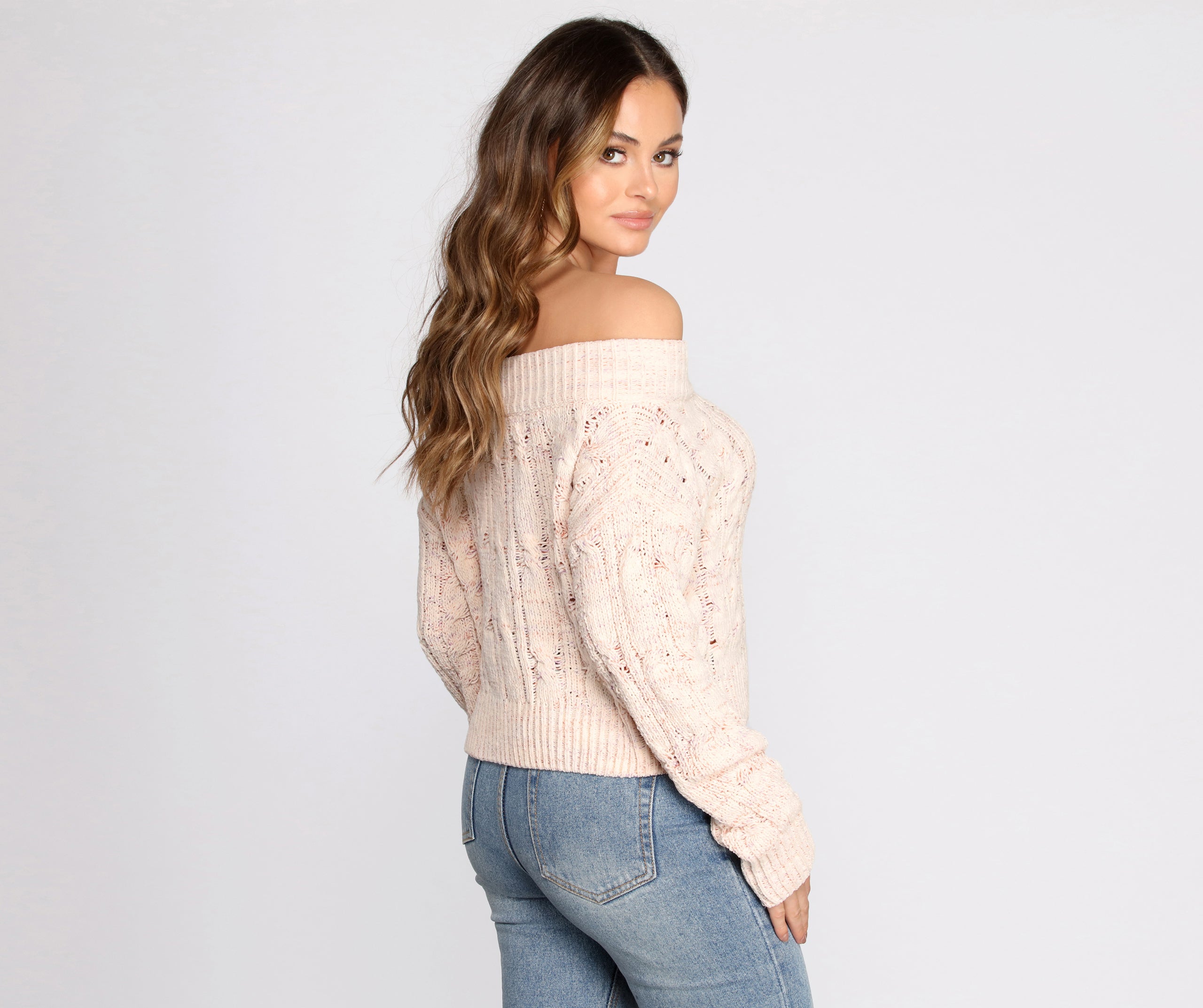 Off The Shoulder Cable Knit Sweater