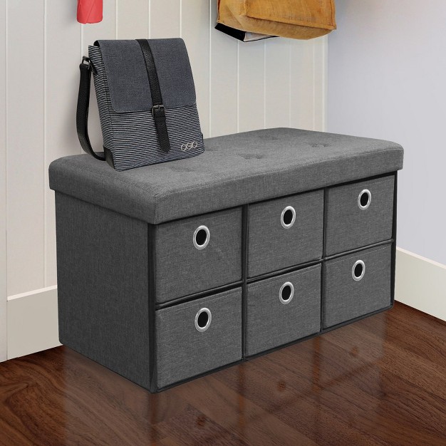 Sorbus Collapsible Storage Bench Chest With Drawers Perfect For Entryway Bedroom Bench Cubby Drawer Footstool Hope Chest Faux Linen gray