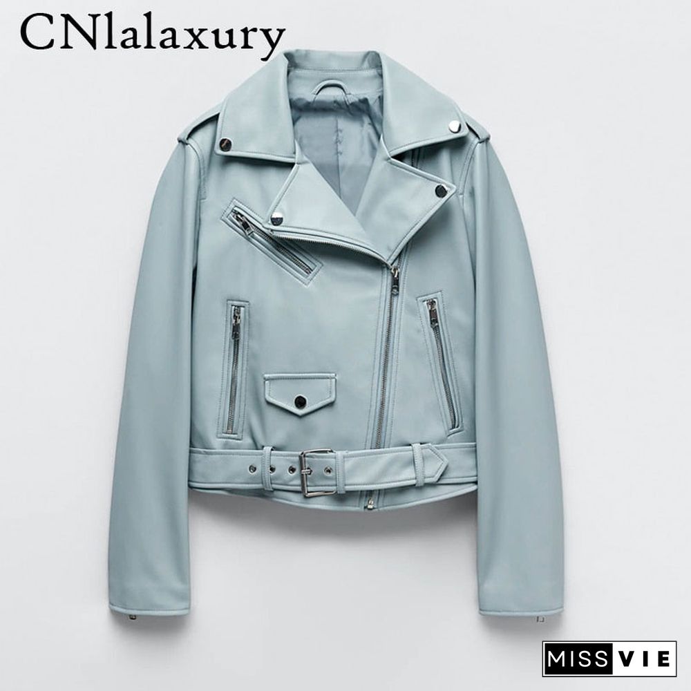 New Spring Autumn Women Blue Faux Leather Jacket Ladies Solid With Belt Zipper Biker Coat Female Casual Outwear Veste Femme