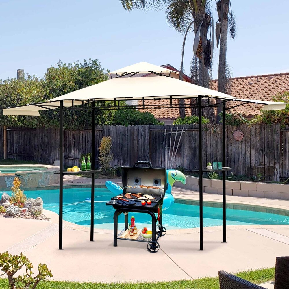 12Ft.Lx4.3Ft.W Iron Double Tiered Backyard Patio BBQ Grill Gazebo with Bar Counters