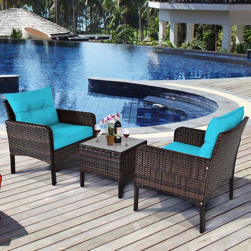 3 Pcs Rattan Wicker Outdoor Bistro Set with Coffee Table & Chairs, All-Weather Patio Conversation Sets