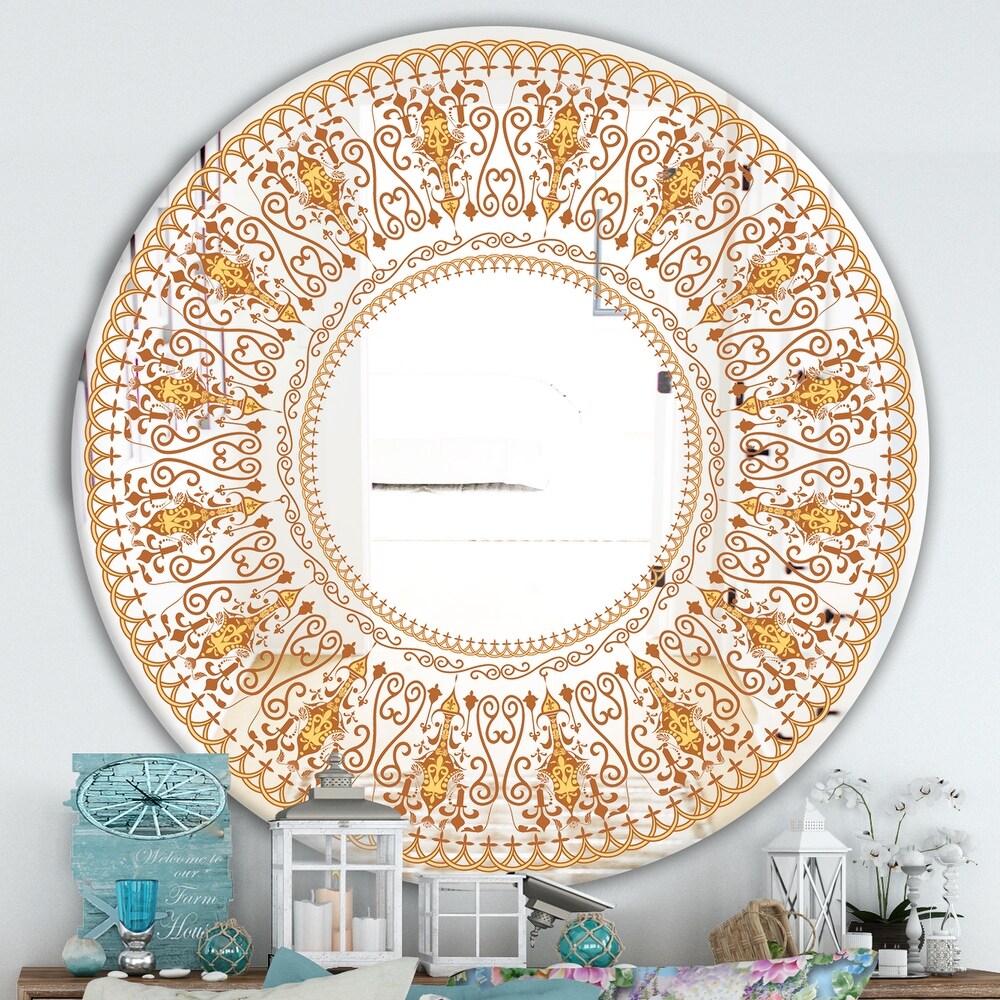 Designart 'Bohemian Brown Pattern' Printed Bohemian and Eclectic Oval or Round Wall Mirror   Bronze