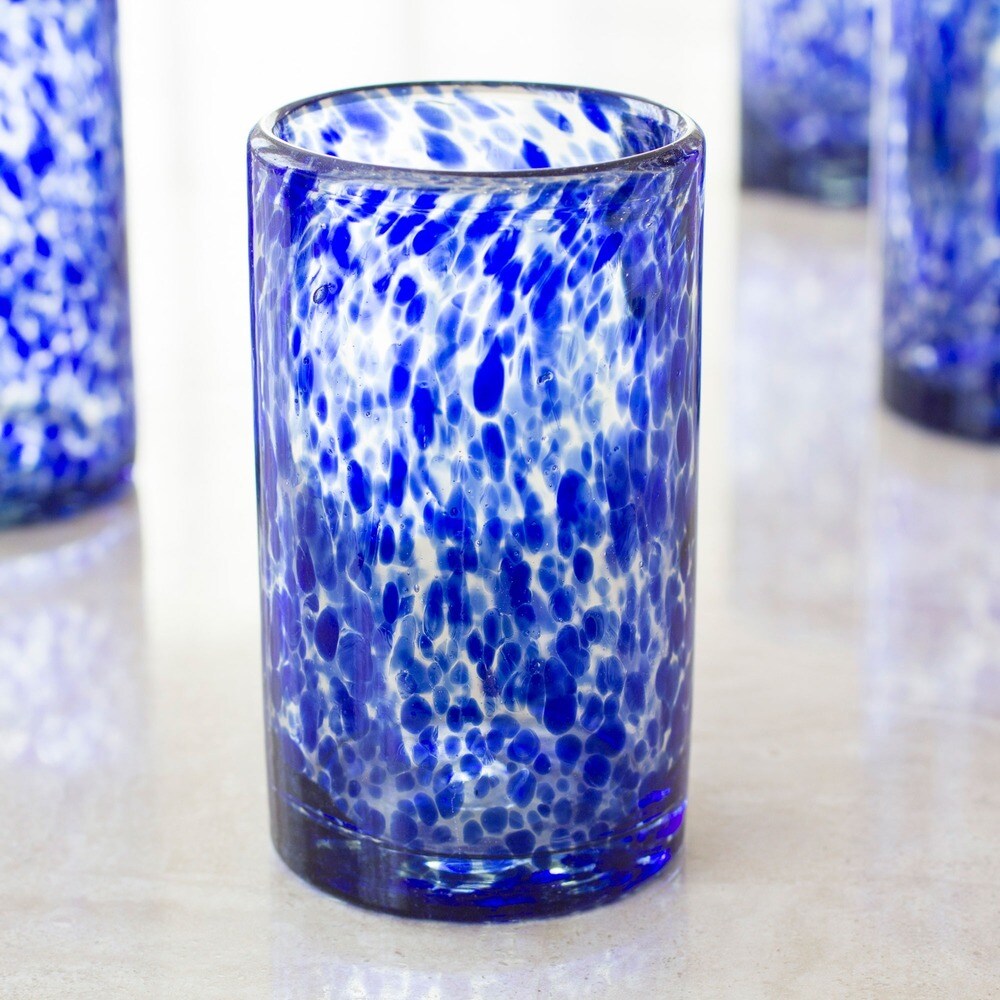 NOVICA Artisan Handblown Recycled Drinking Glasses Unique Water Tumblers Blue Mexican Tableware 'Marine'(Set of 6)