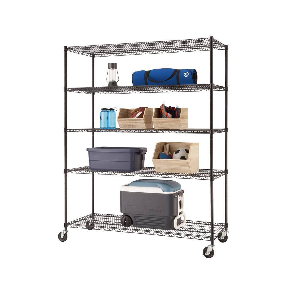 TRINITY EcoStorage Black 5-Tier Rolling Steel Wire Shelving Unit (60 in. W x 77 in. H x 24 in. D) TBFPB-0931