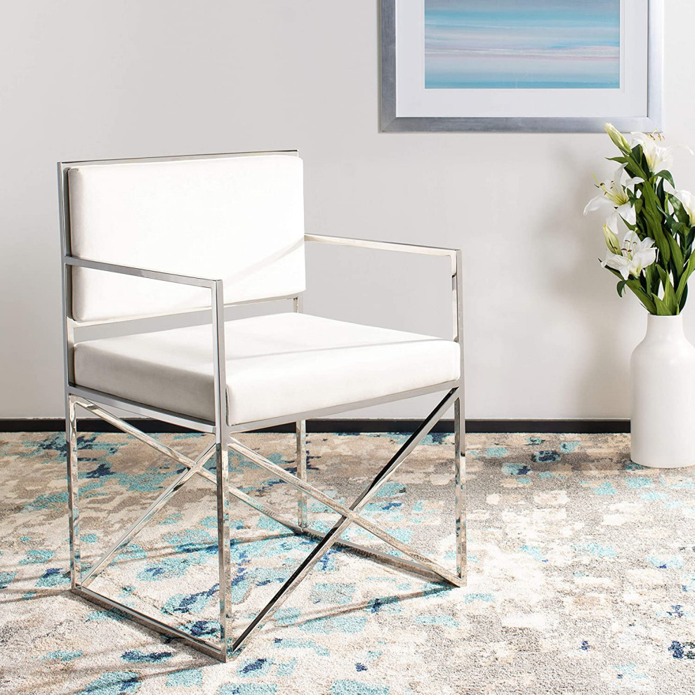 Elegant Accent Chair  Metal Frame With Velvet Upholstered Seat  White/Silver   Midcentury   Armchairs And Accent Chairs   by Declusia  Houzz