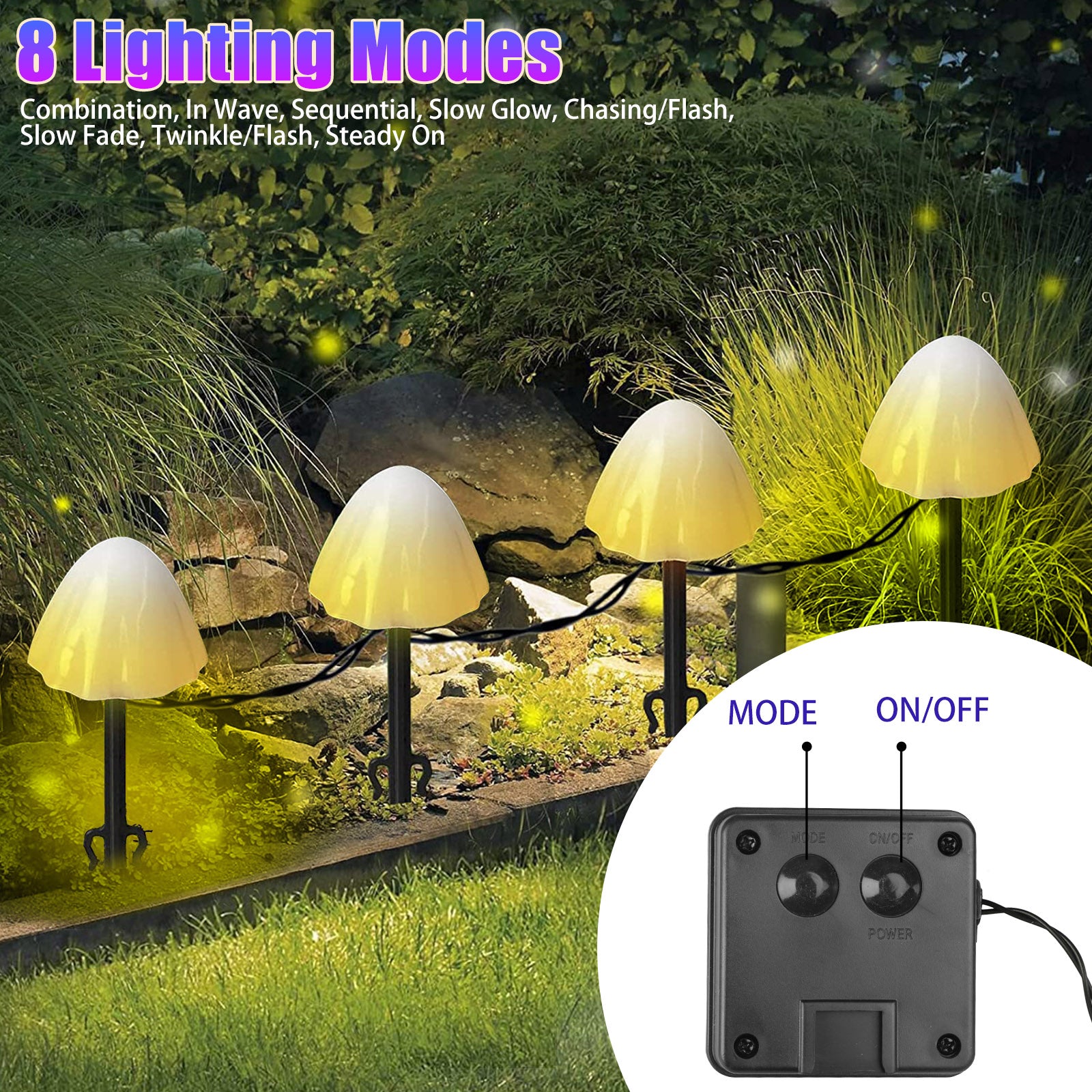 12.5ft Outdoor Solar Garden Lights， EEEkit 12 LED Mushroom Stake Lights with 8 Modes， Waterproof Mini Mushroom Fairy String Light for Pathway Yard Wedding Party Decor， Warm White