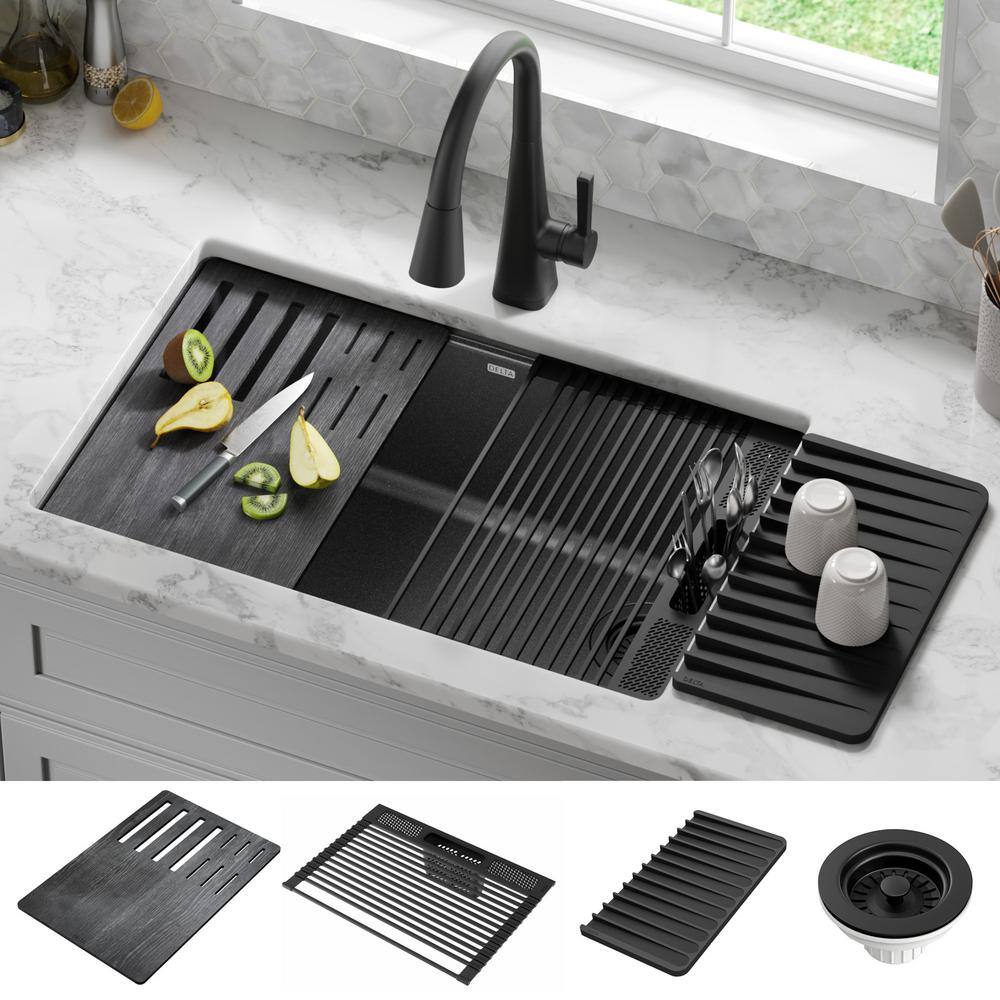 Delta Everest Metallic Black Granite Composite 29 in. Single Bowl Undermount Workstation Kitchen Sink with Accessories 75B933-30S-BL