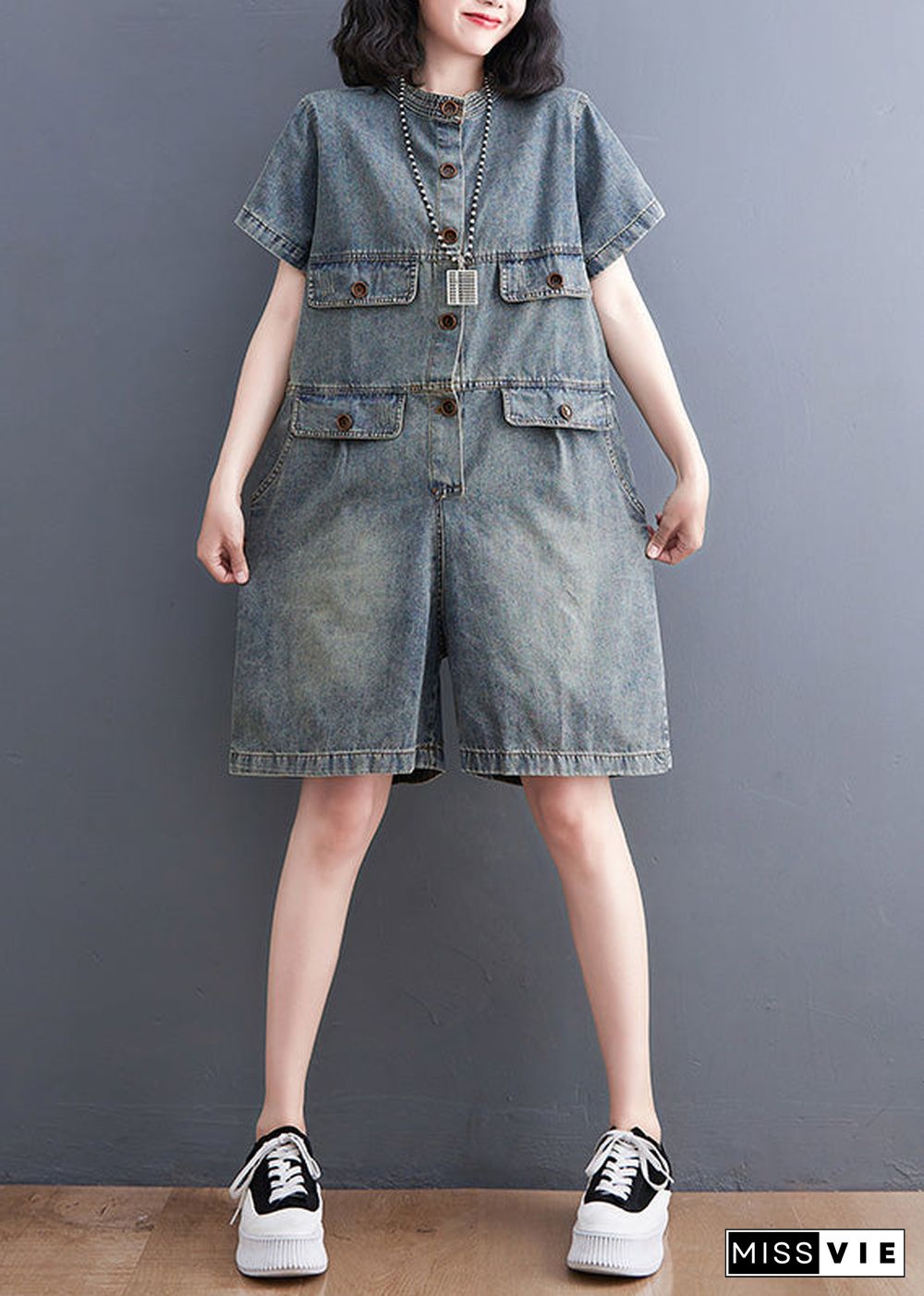 Plus Size Denim Blue O-Neck Patchwork Button Jumpsuits Short Sleeve