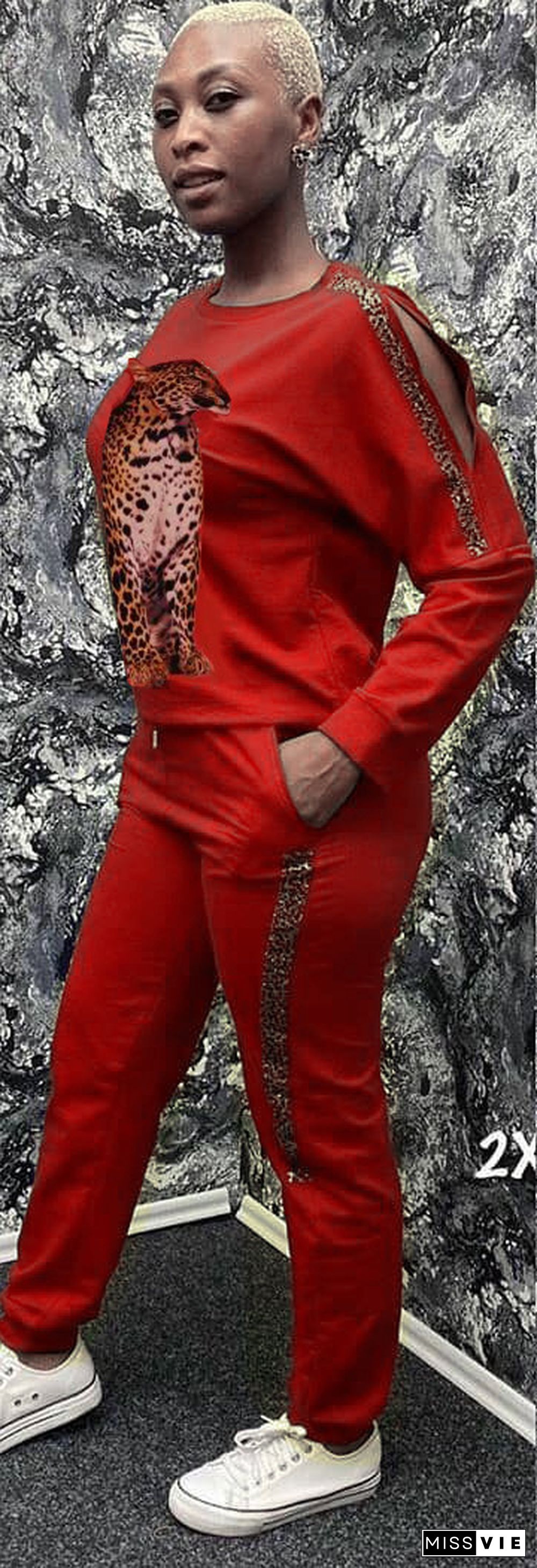 Leopard Print Long Sleeve T Shirt Jogger Pants Set