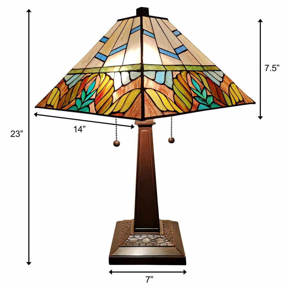 23" White and Aqua Stained Glass Two Light Mission Style Table Lamp