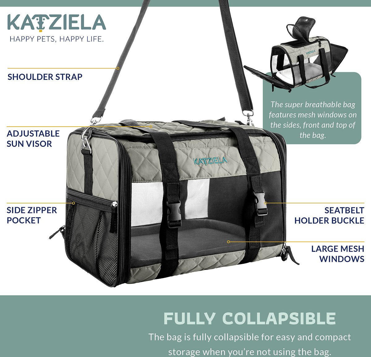 Katziela Quilted Companion Cat and Dog Carrier – Gray