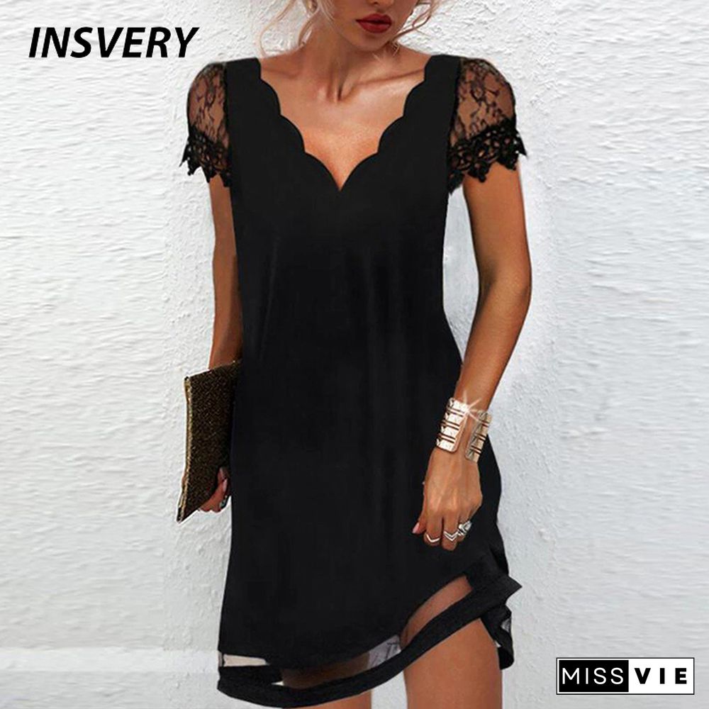 Women Elegant Party Dress Sexy V Neck Lace Patchwork Office Ladies Mini Dress Women Casual Patchwork Patchwork Short Dress