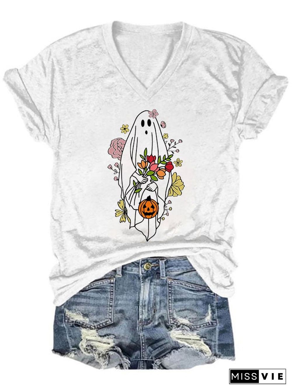 Women's Casual Ghost Art Printed Short Sleeve T-Shirt