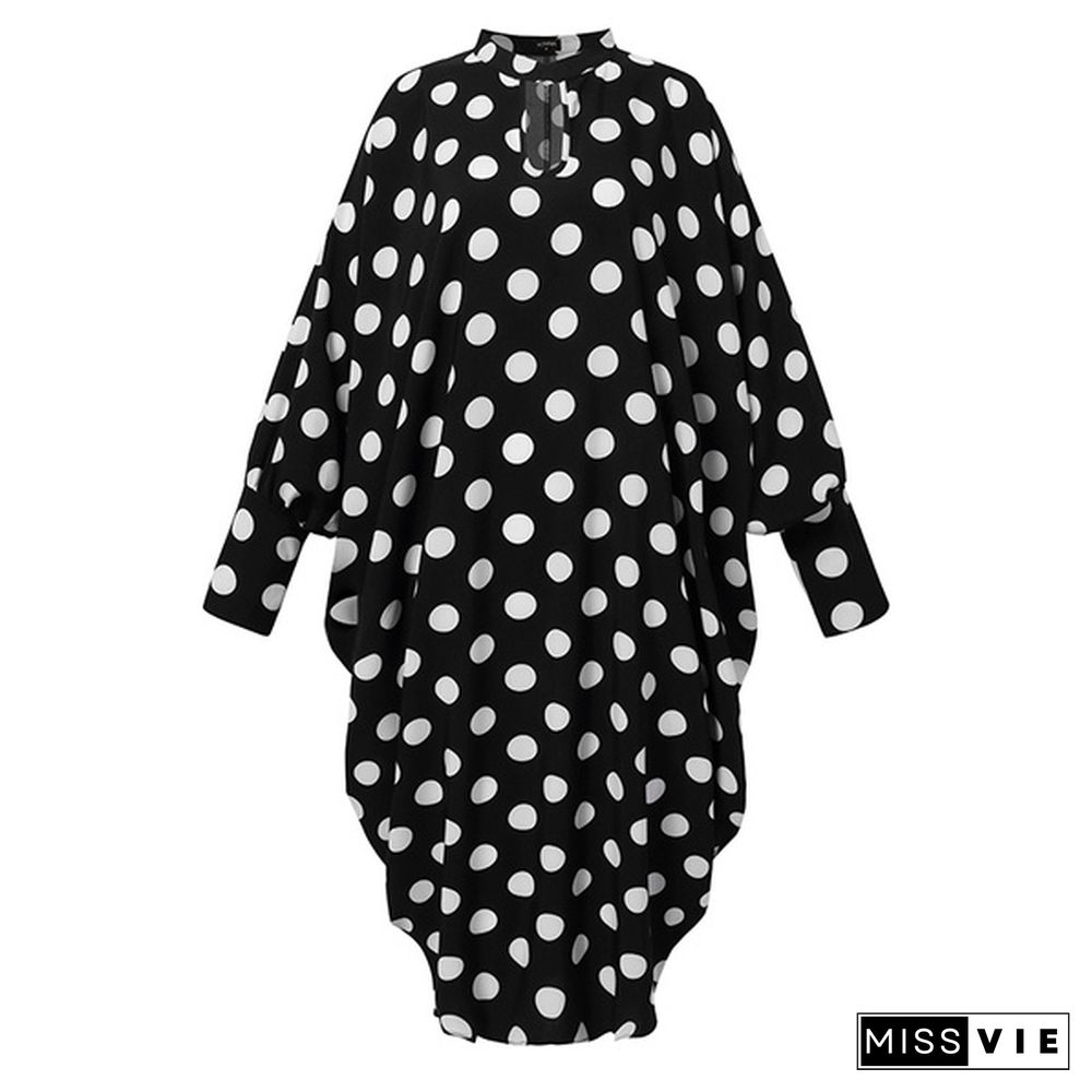 Women Vintage O Neck Long Sleeve Polka Dot Dresses Pleated Casual Holiday Vestido Plus Size