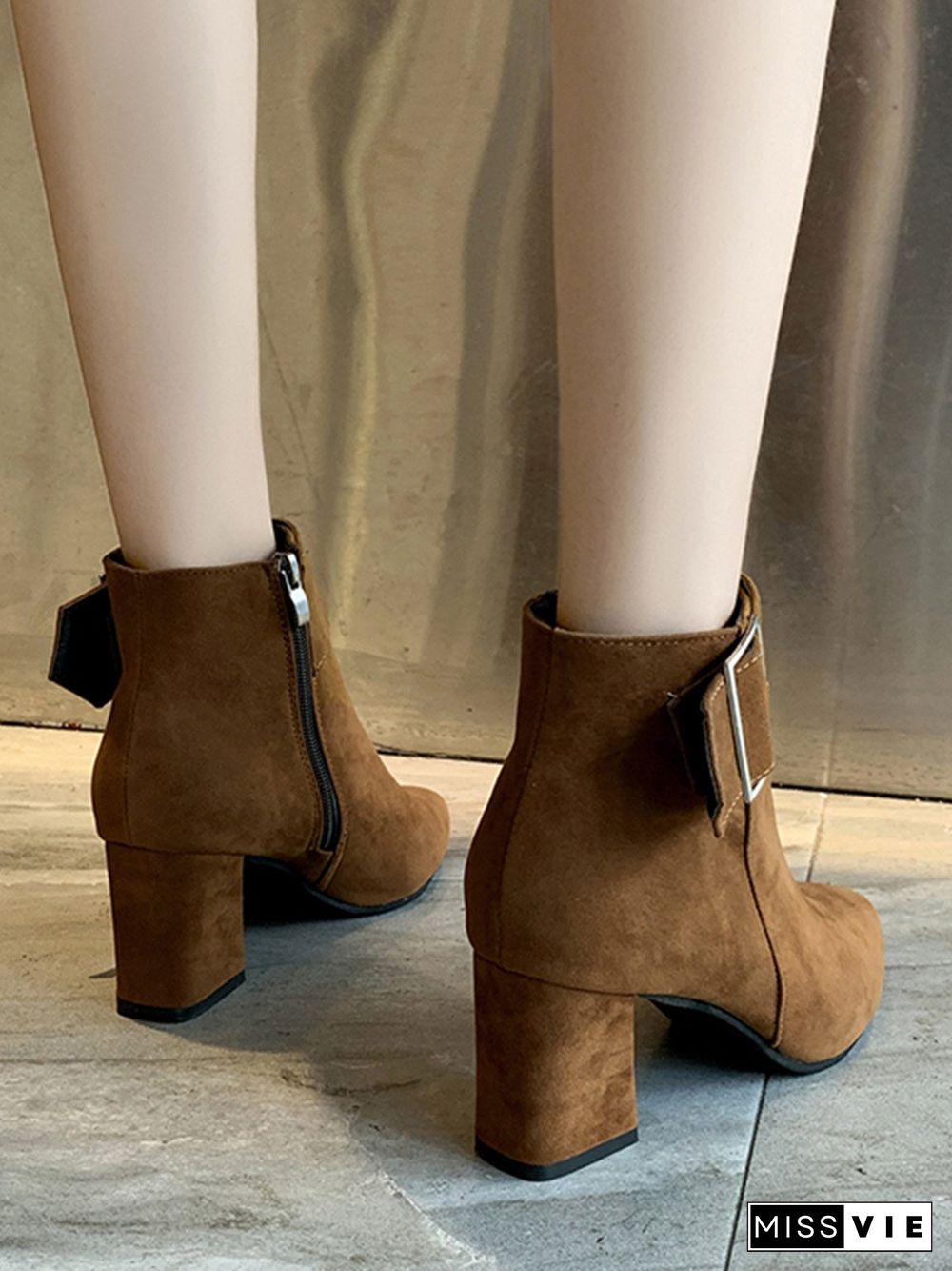 Chunky Heel Buckle Pointed-Toe Suede Martin Boots