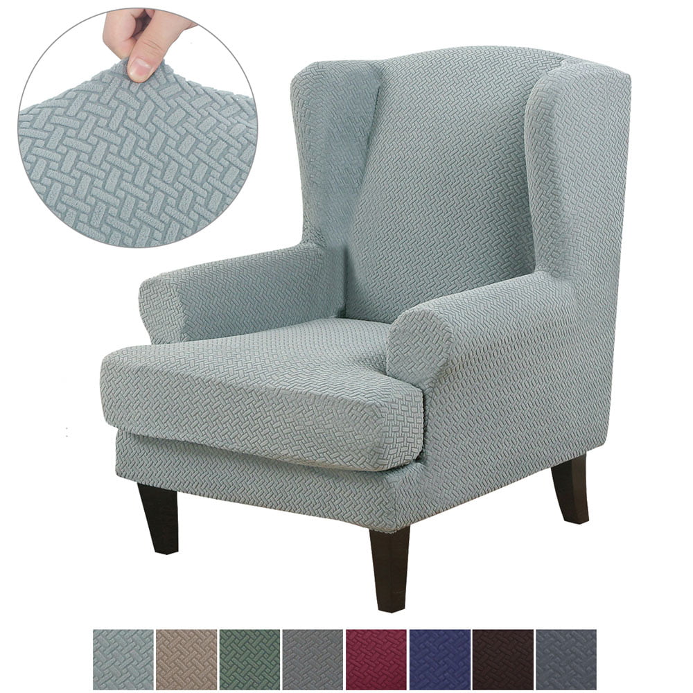 Stretch 2-Piece Elegant Pure Color Wing Chair Slipcover , Machine Washable Jacquard Knitted Fabric