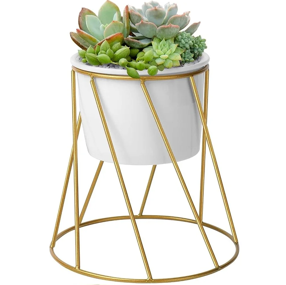 Eye   Catching Design White Powder Coated Metal Planters with Golden Color Geometric Shaped Stand pots new arrival available