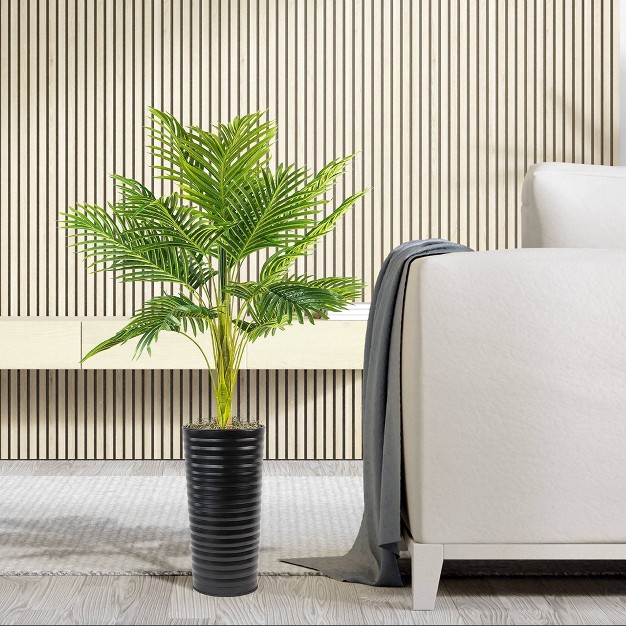 Artificial Ribbed Metal Palm Planter In Black And White - Lcg Florals