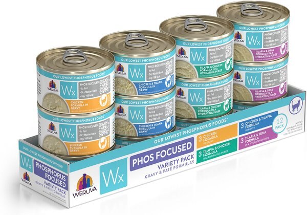 Weruva Wx Phos Focused Pate and Gravy Variety Pack Grain-Free Wet Cat Food， 3-oz can， case of 12