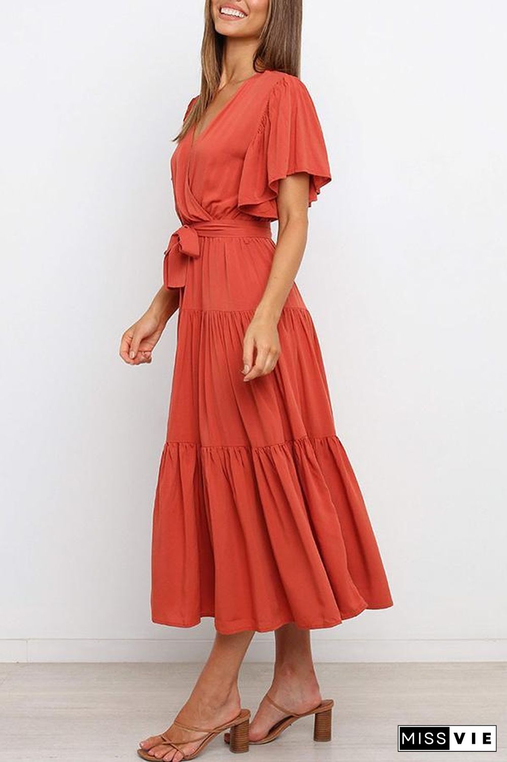 Ruffled Sleeve V-neck Tie Waist Maxi Dress P14492