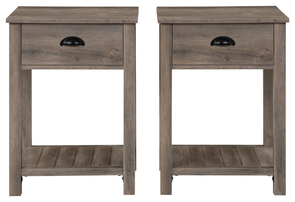 Set of 2 Side Table  Grooved Shelf  ampDrawer With Inverted Cup Pull  Gray Wash   Farmhouse   Side Tables And End Tables   by Decor Love  Houzz