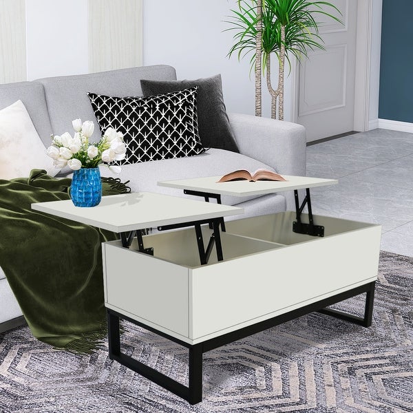 White Wood Lift Top Coffee Table with Hidden Storage Compartment