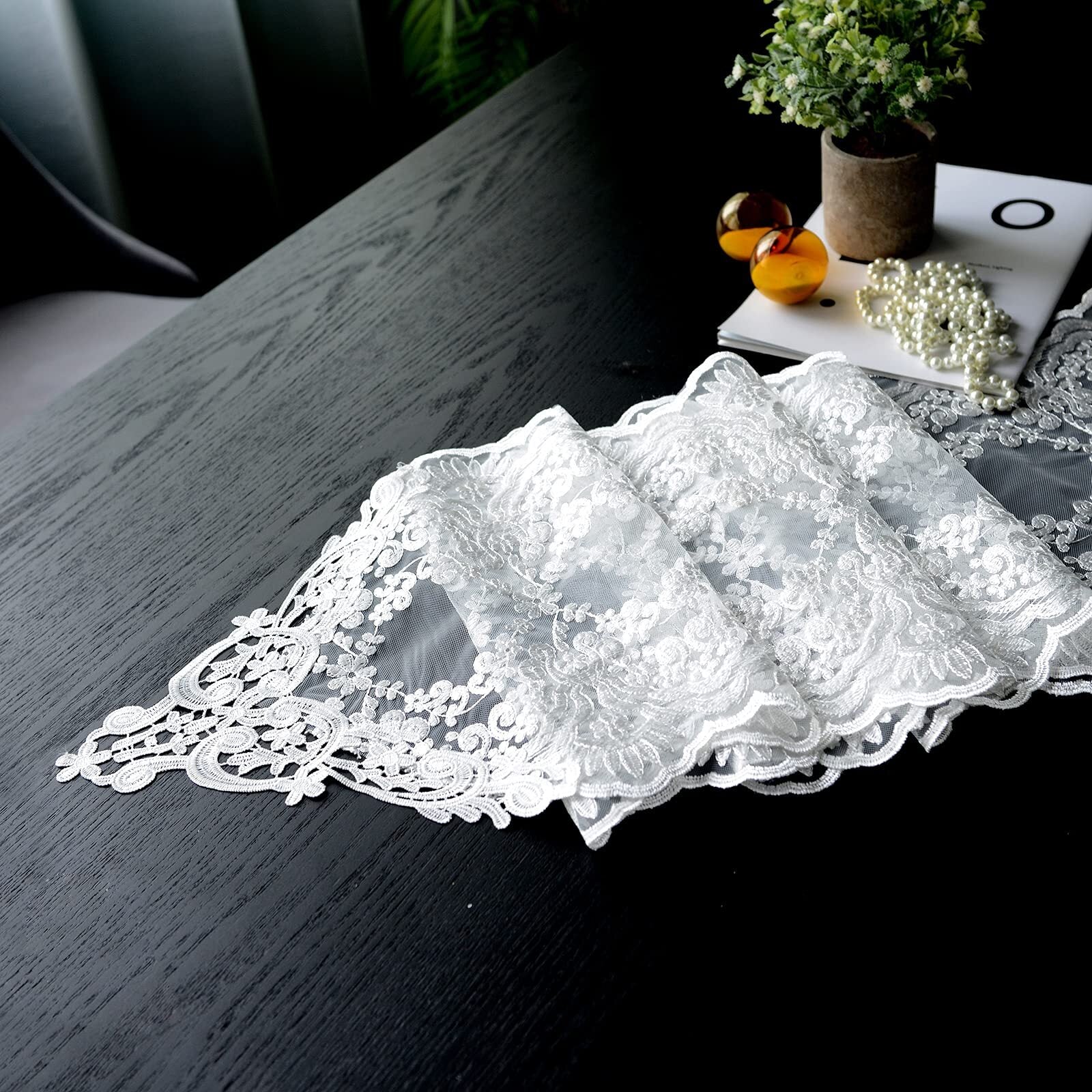 Lace Table Runner Embroidered Dresser Scarf，for Kitchen Dining Picnic Coffee Table，Mantel Scarf and Wedding Banquet Home Decoration (White， 12×48)