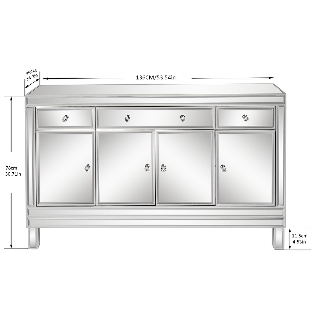 Mirrored Finish Glass TV Stand with 3 Drawers 4 Doors Cabinet