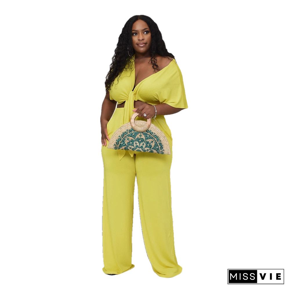 Deep V Bandage Crop Top Wide Leg Pants Set