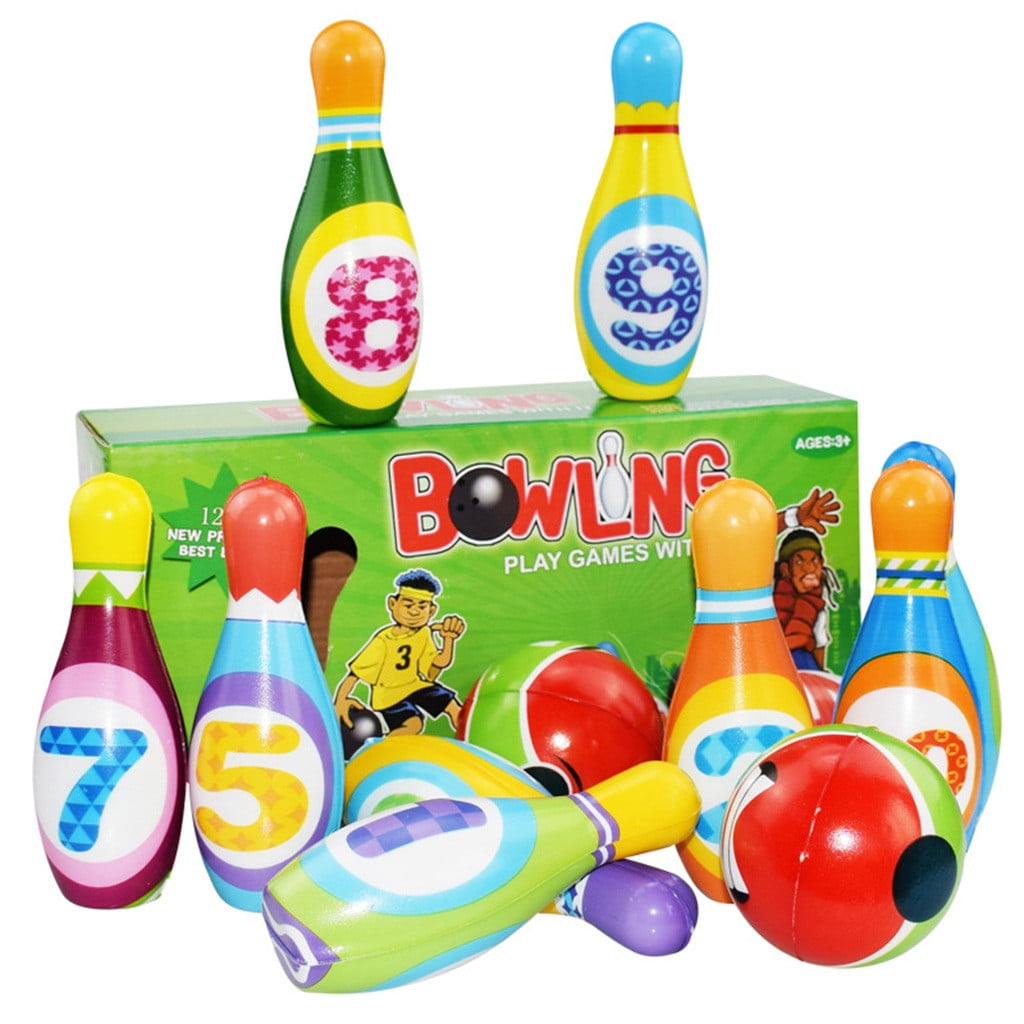 Bowling Set Toy 10 Colorful Soft Foam Bowling Pins 2 Ball Indoor Toys Toss